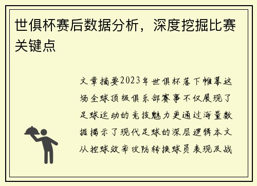 世俱杯赛后数据分析，深度挖掘比赛关键点