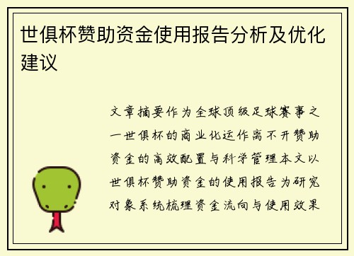 世俱杯赞助资金使用报告分析及优化建议